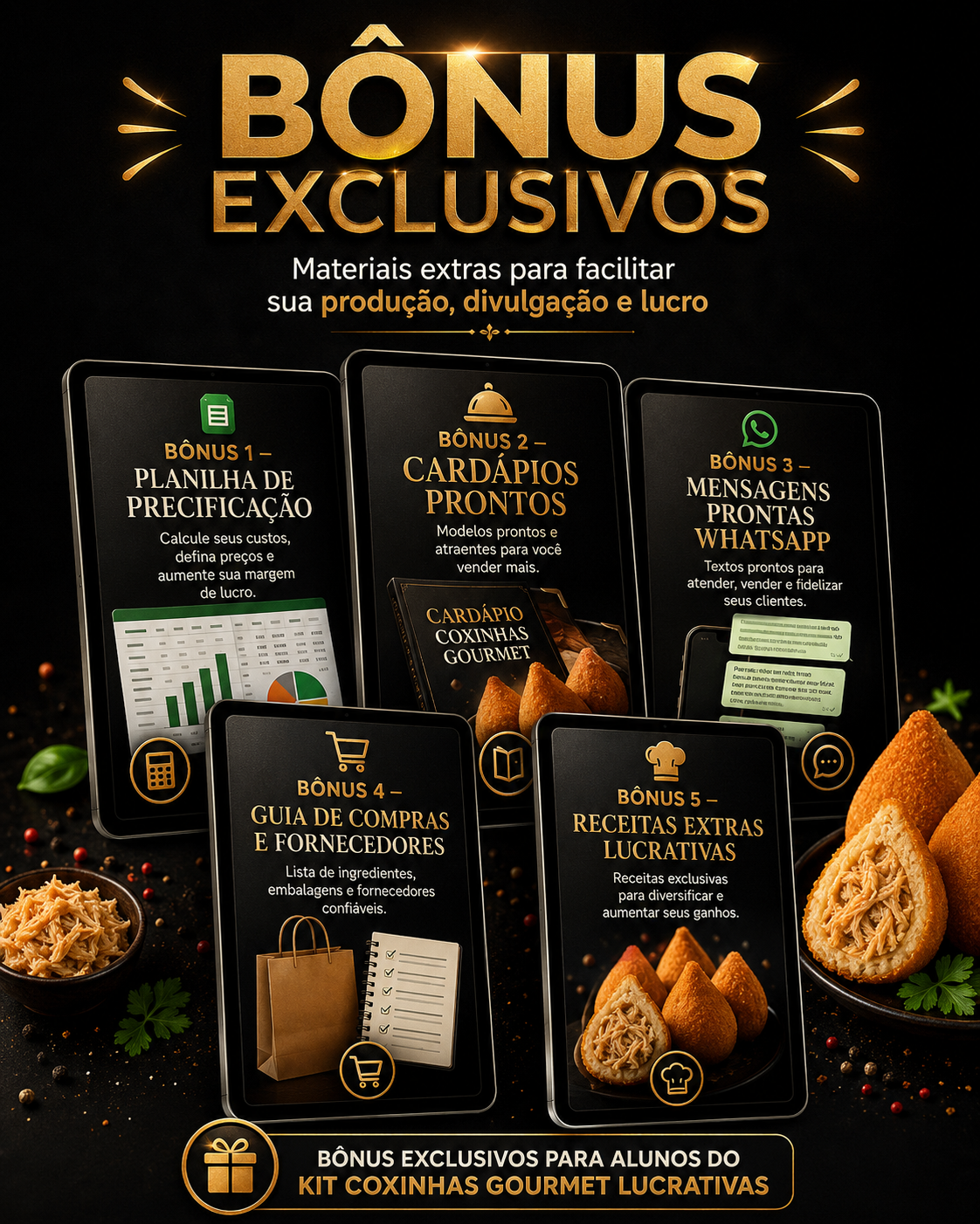Mockup dos bônus do Kit Coxinhas Gourmet